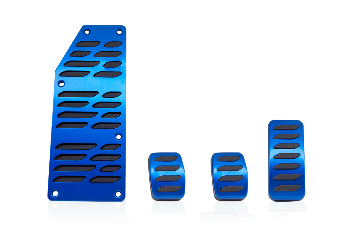 Kit pedali sportivi in alluminio anodizzati blu e con inserto antiscivolo in elastomero nero.